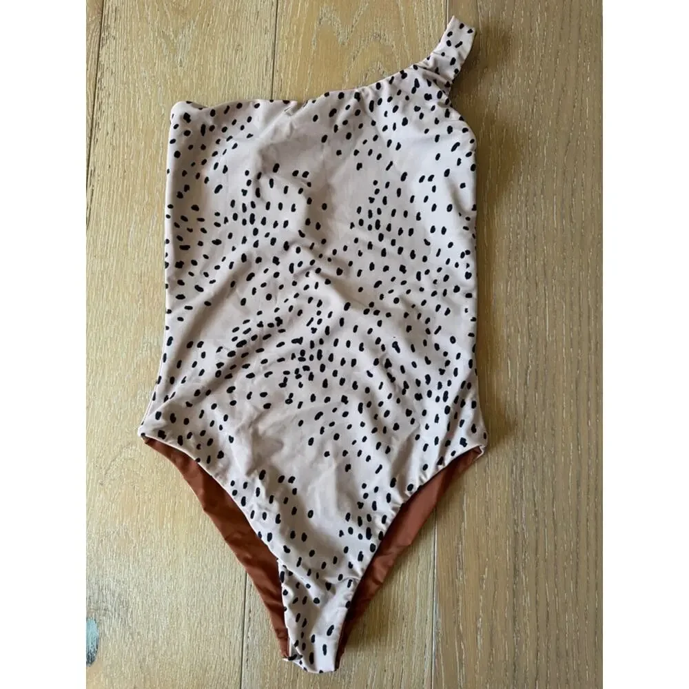 Kainani Swimwear Genevieve Reversible One Shoulder Swimsuit M Caramel Speckle